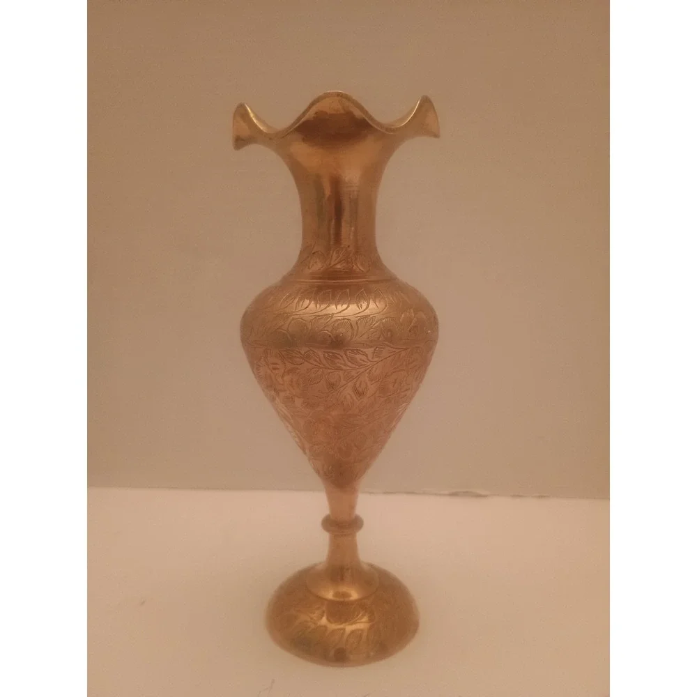 Vintage 8 inch Brass vase with scalloped edges etched floral design